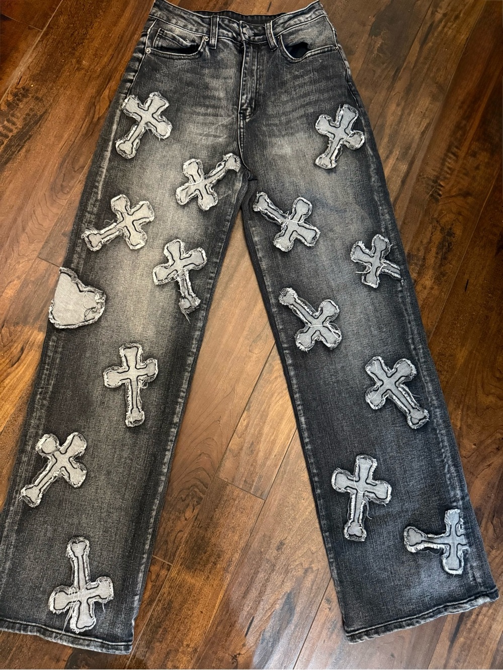 Rehab Lab Cross Patch Women's Black Distressed Flare Jeans Size S